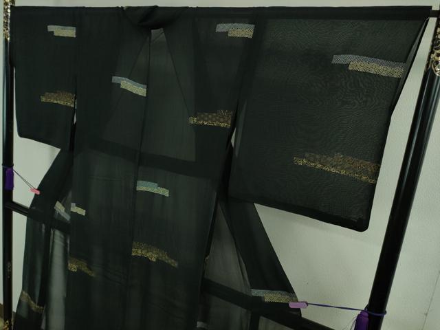平和屋本店*極上 夏物 明石ちぢみ 印伝紬 名物裂 黒地 証紙付き 逸品 DZAB3079kh6