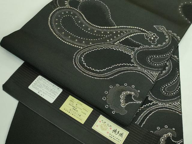 平和屋着物●極上 本場筑前博多織 八寸名古屋帯 ペイズリー 黒地 金糸 博多金ラベル 証紙付き 逸品 DZAB3102kh6