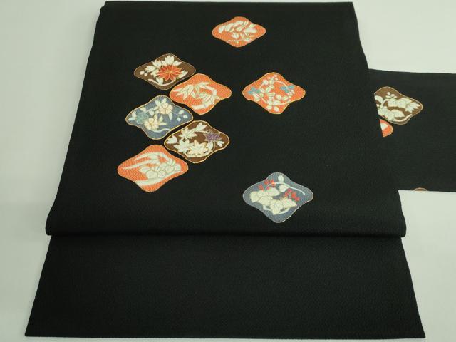 平和屋本店●極上 九寸名古屋帯 駒刺繍 草花文 黒地 金糸 鬼しぼ縮緬 逸品 DZAB3115kh6