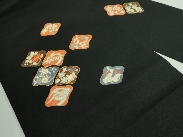平和屋本店●極上 九寸名古屋帯 駒刺繍 草花文 黒地 金糸 鬼しぼ縮緬 逸品 DZAB3115kh6