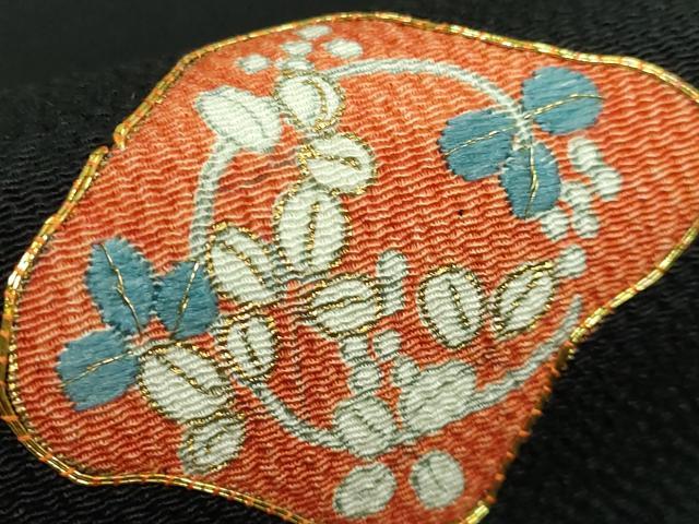 平和屋本店●極上 九寸名古屋帯 駒刺繍 草花文 黒地 金糸 鬼しぼ縮緬 逸品 DZAB3115kh6