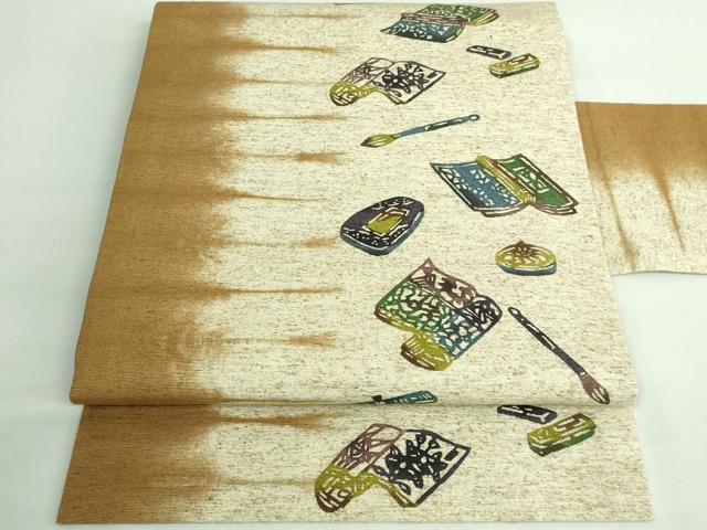平和屋着物●極上 九寸名古屋帯 ぜんまい紬 型染め 文房具 筆 逸品 DZAB3130kh6