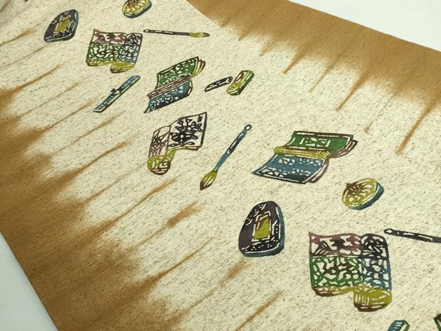 平和屋着物●極上 九寸名古屋帯 ぜんまい紬 型染め 文房具 筆 逸品 DZAB3130kh6