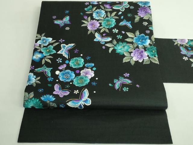 平和屋本店●極上 九寸名古屋帯 総手刺繍 紬地 BANKAN わものや 尾嵯峨 花蝶文 黒地 金糸 逸品 DZAB3133kh6