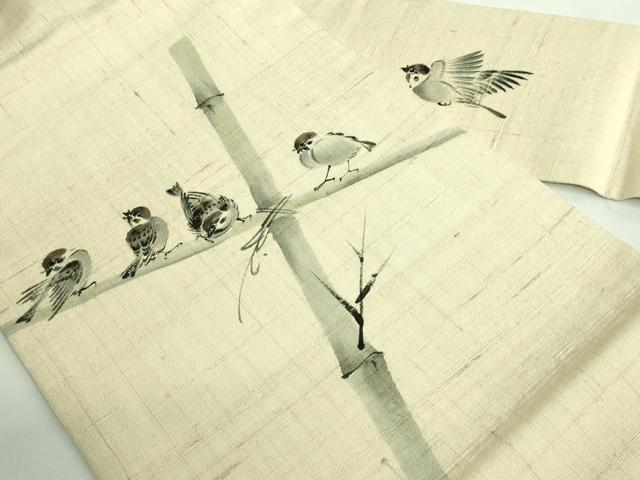 平和屋着物●極上 九寸名古屋帯 紬地 手描き 竹に雀 逸品 DZAB3135kh6