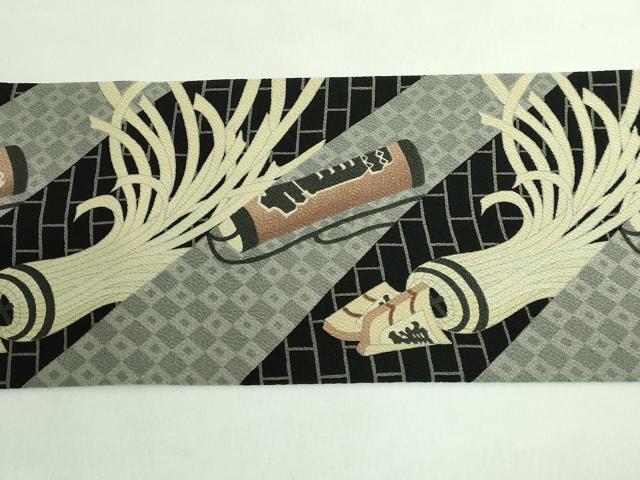 平和屋着物●極上 九寸名古屋帯 希少柄 火消し 纏 黒地 鬼しぼ縮緬 逸品 DZAB3155kh6