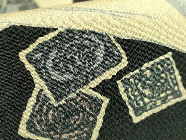 平和屋着物●極上 九寸名古屋帯 希少柄 手紙 切手 黒地 鬼しぼ縮緬 逸品 DZAB3156kh6
