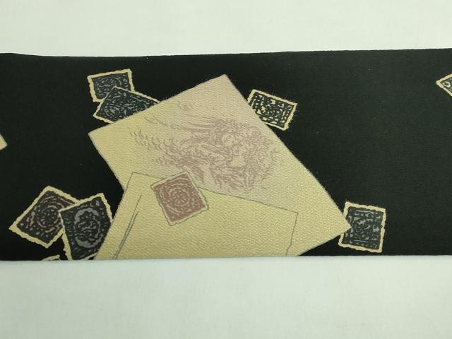 平和屋着物●極上 九寸名古屋帯 希少柄 手紙 切手 黒地 鬼しぼ縮緬 逸品 DZAB3156kh6