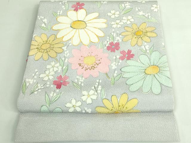 平和屋本店●希少 染色作家 山本由季 九寸開き名古屋帯 手描き 草花文 鬼しぼ縮緬 白鼠色地 逸品 DZAB3176kh6