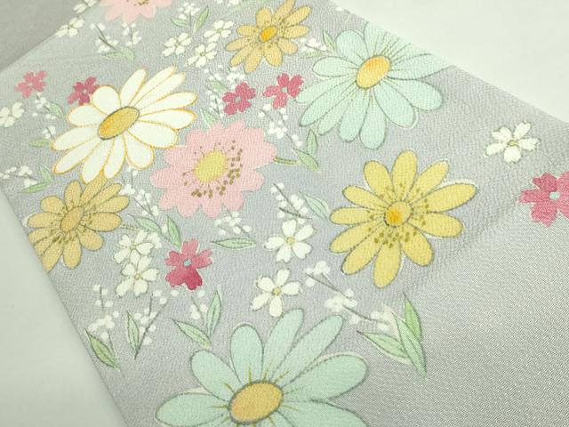 平和屋本店●希少 染色作家 山本由季 九寸開き名古屋帯 手描き 草花文 鬼しぼ縮緬 白鼠色地 逸品 DZAB3176kh6