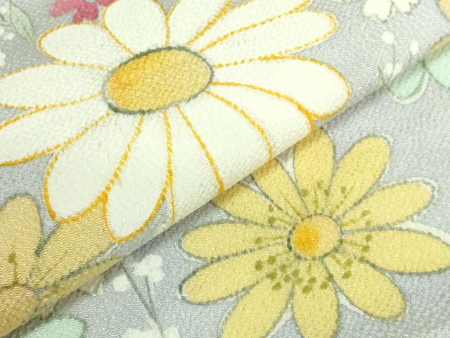 平和屋本店●希少 染色作家 山本由季 九寸開き名古屋帯 手描き 草花文 鬼しぼ縮緬 白鼠色地 逸品 DZAB3176kh6