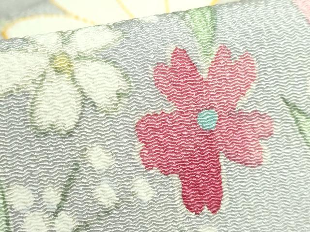 平和屋本店●希少 染色作家 山本由季 九寸開き名古屋帯 手描き 草花文 鬼しぼ縮緬 白鼠色地 逸品 DZAB3176kh6