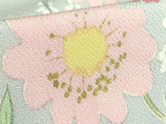 平和屋本店●希少 染色作家 山本由季 九寸開き名古屋帯 手描き 草花文 鬼しぼ縮緬 白鼠色地 逸品 DZAB3176kh6