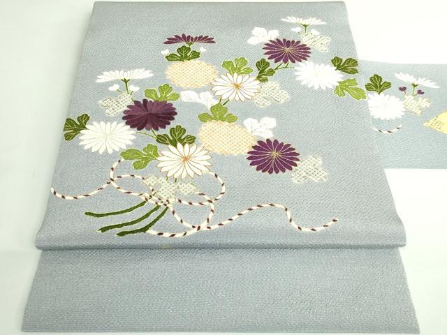 平和屋本店●極上 九寸名古屋帯 駒刺繍 結び紐菊文 灰青色地 金糸 鬼しぼ縮緬 逸品 DZAB3177kh6