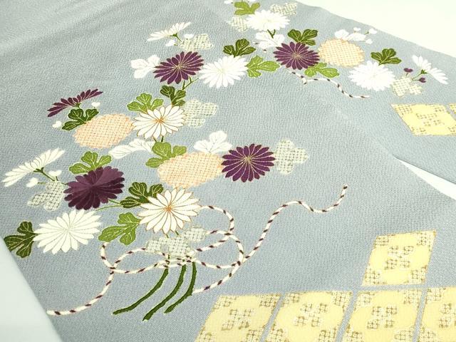 平和屋本店●極上 九寸名古屋帯 駒刺繍 結び紐菊文 灰青色地 金糸 鬼しぼ縮緬 逸品 DZAB3177kh6