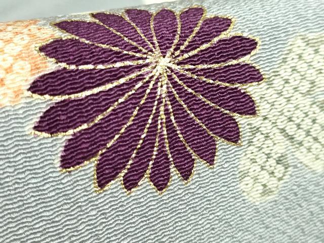 平和屋本店●極上 九寸名古屋帯 駒刺繍 結び紐菊文 灰青色地 金糸 鬼しぼ縮緬 逸品 DZAB3177kh6