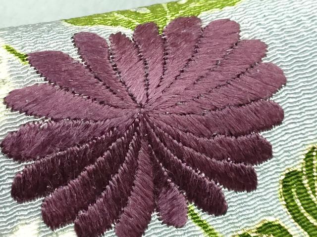 平和屋本店●極上 九寸名古屋帯 駒刺繍 結び紐菊文 灰青色地 金糸 鬼しぼ縮緬 逸品 DZAB3177kh6