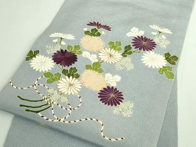 平和屋本店●極上 九寸名古屋帯 駒刺繍 結び紐菊文 灰青色地 金糸 鬼しぼ縮緬 逸品 DZAB3177kh6