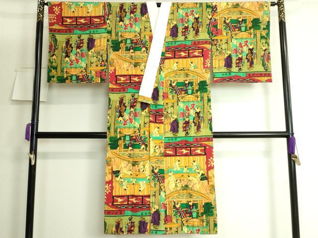 平和屋着物●上質な長襦袢 無双仕立て 歌川芳藤 浮世絵 猫の温泉 又たび湯 新版 猫の温泉 希少柄 逸品 未使用 DZAB3198kh6