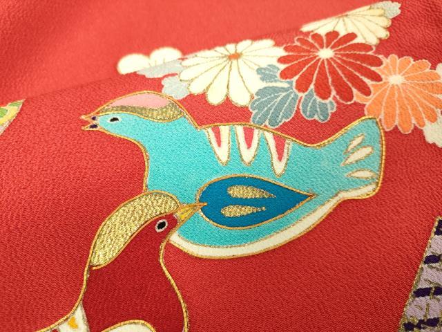 平和屋本店∵極上 女の子 十三参り 子供 祝着 駒刺繍 羽子板 鳥 舞花 金彩 鬼しぼ縮緬 逸品 DZAB3208kh6