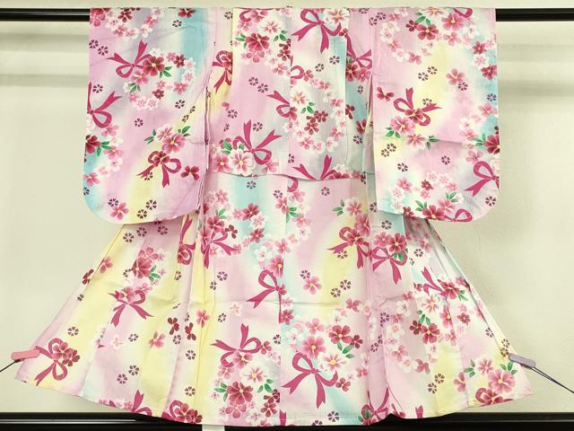 平和屋本店∴極上 夏物 子供 女の子 浴衣 綿紅梅 リボン 舞花 暈し染め 逸品 DZAB3224kh6