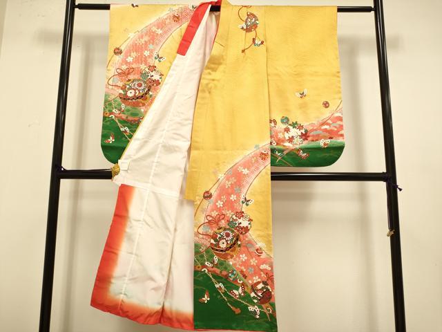 平和屋本店∵極上 女の子 十三参り 子供 祝着・袋帯・しごきセット 駒刺繍 舞蝶鈴花文 暈し染め 金彩 逸品 DZAB3241kh6