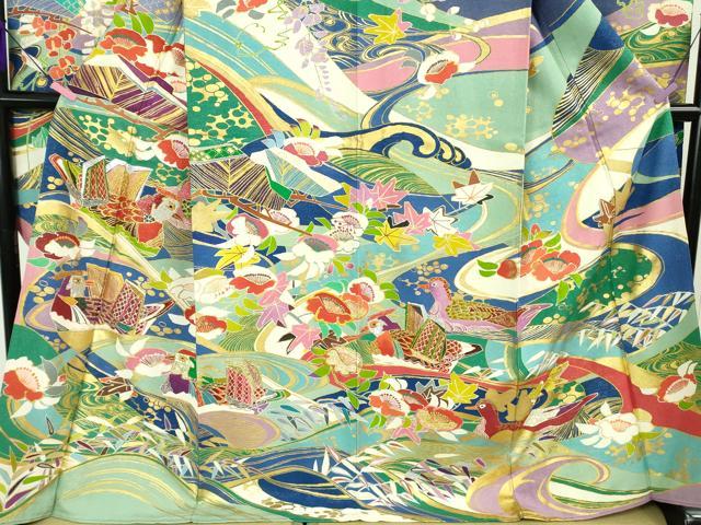 平和屋本店●最高級 創業460年・千總 振袖 刺繍 鴛鴦花文 金糸 銀通し地 松坂屋扱い 逸品 DZAB3289kh6