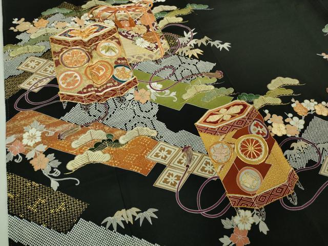 平和屋本店●極上 創業460年・千總 黒留袖 駒刺繍 貝桶吉祥花松文 金糸 逸品 未使用 DZAB3290kh6