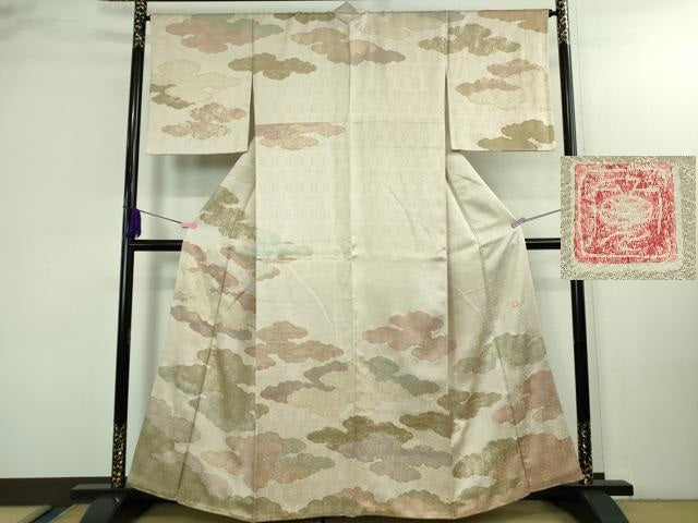 平和屋本店●極上 皇室献上作家 藤井寛 訪問着 駒刺繍 雲重ね 灰梅色地 金彩 逸品 DZAB3291kh6