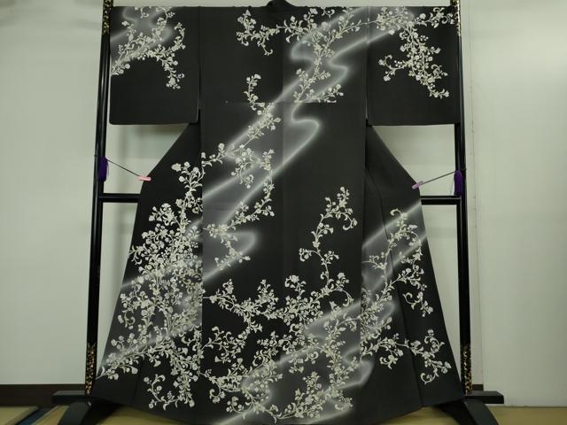 平和屋本店●極上 訪問着 総手刺繍 草花文 暈し染め 黒紅色地 銀糸 逸品 DZAB3297kh6