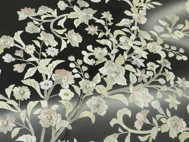 平和屋本店●極上 訪問着 総手刺繍 草花文 暈し染め 黒紅色地 銀糸 逸品 DZAB3297kh6