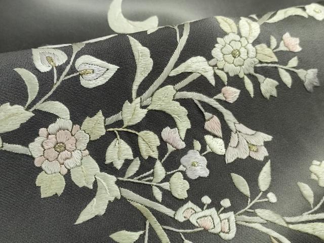 平和屋本店●極上 訪問着 総手刺繍 草花文 暈し染め 黒紅色地 銀糸 逸品 DZAB3297kh6