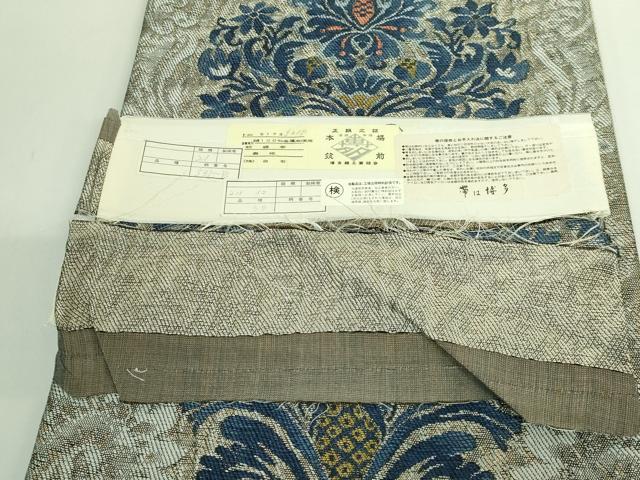 平和屋本店●極上 本場筑前博多織 太鼓柄袋帯 灰汁発酵建本藍染 藍 ふくれ織 白石織物 金糸 証紙付き 逸品 DZAB3316kh6