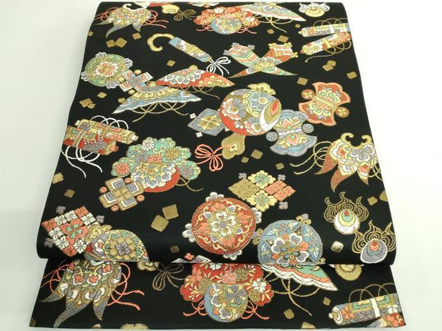 平和屋着物●極上 六通柄袋帯 唐織 宝尽くし 黒地 金糸 逸品 DZAB3329kh6