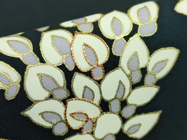 平和屋着物●極上 銀座きしや 塩瀬 九寸名古屋帯 駒刺繍 藤花房 百入茶色地 たとう紙付き 逸品 DZAB3351kh6