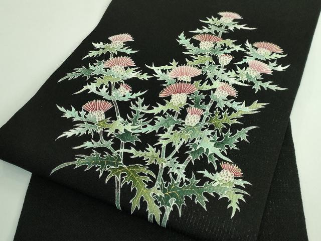 平和屋本店●極上 東京友禅 手描き 加納知之 九寸名古屋帯 アザミ 黒地 金彩 鬼しぼ縮緬 逸品 DZAB3356kh6
