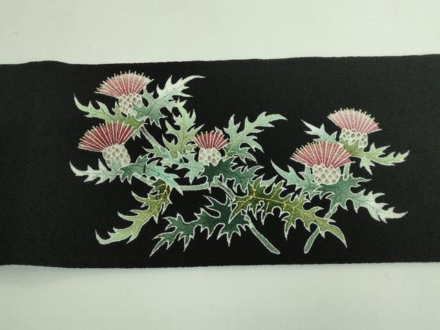 平和屋本店●極上 東京友禅 手描き 加納知之 九寸名古屋帯 アザミ 黒地 金彩 鬼しぼ縮緬 逸品 DZAB3356kh6