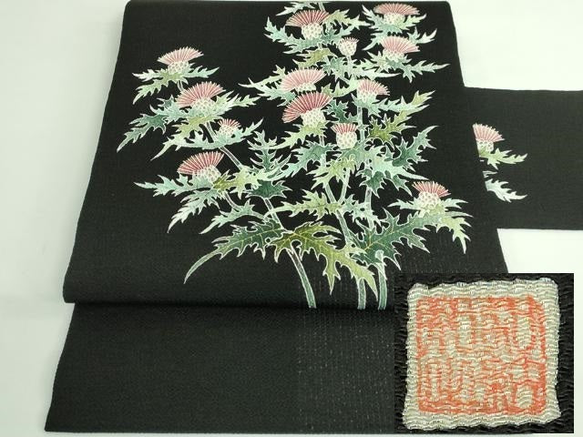 平和屋本店●極上 東京友禅 手描き 加納知之 九寸名古屋帯 アザミ 黒地 金彩 鬼しぼ縮緬 逸品 DZAB3356kh6