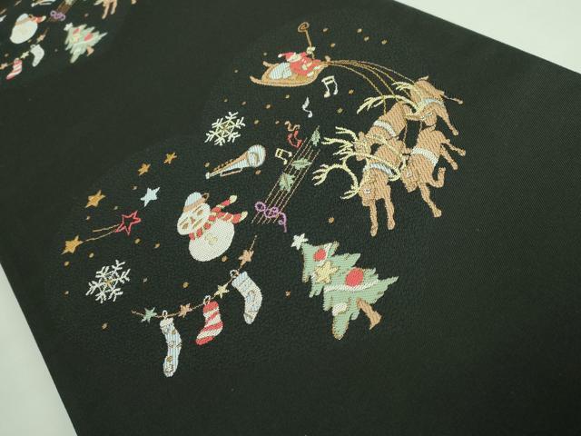 平和屋着物●極上 渋谷幸子 太鼓柄袋帯 クリスマス サンタクロース トナカイ 雪だるま 黒地 金糸 写真付き 逸品 DZAB3382kh6