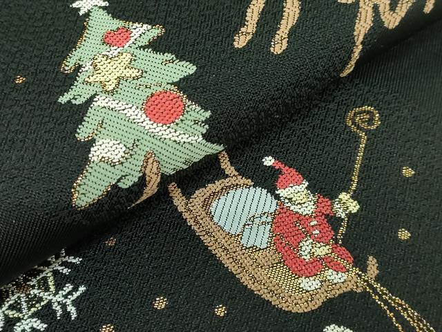 平和屋着物●極上 渋谷幸子 太鼓柄袋帯 クリスマス サンタクロース トナカイ 雪だるま 黒地 金糸 写真付き 逸品 DZAB3382kh6
