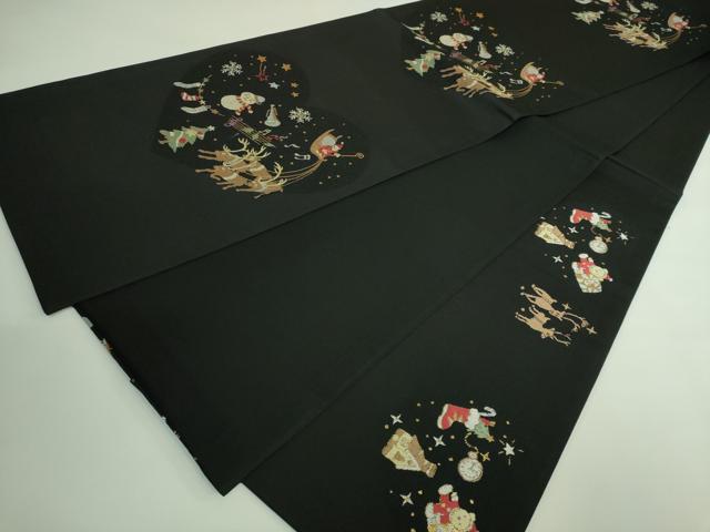 平和屋着物●極上 渋谷幸子 太鼓柄袋帯 クリスマス サンタクロース トナカイ 雪だるま 黒地 金糸 写真付き 逸品 DZAB3382kh6