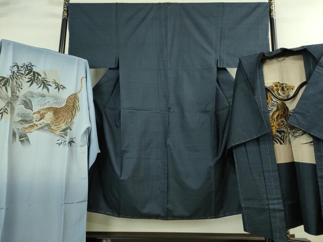 平和屋着物●極上 男性 本場大島紬 アンサンブル 長羽織・長襦袢(袷)セット 100亀甲 総詰め 羽裏・虎 逸品 未使用 DZAB3402kh6