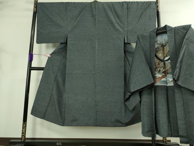 平和屋着物●極上 男性 髭紬 アンサンブル 藍墨茶色 羽裏・龍 逸品 DZAB3406kh6