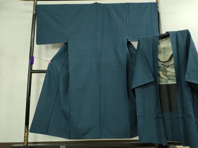 平和屋着物●極上 男性 紬 アンサンブル 長羽織 濃い紺鼠色 逸品 DZAB3415kh6