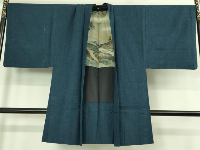 平和屋着物●極上 男性 紬 アンサンブル 長羽織 濃い紺鼠色 逸品 DZAB3415kh6