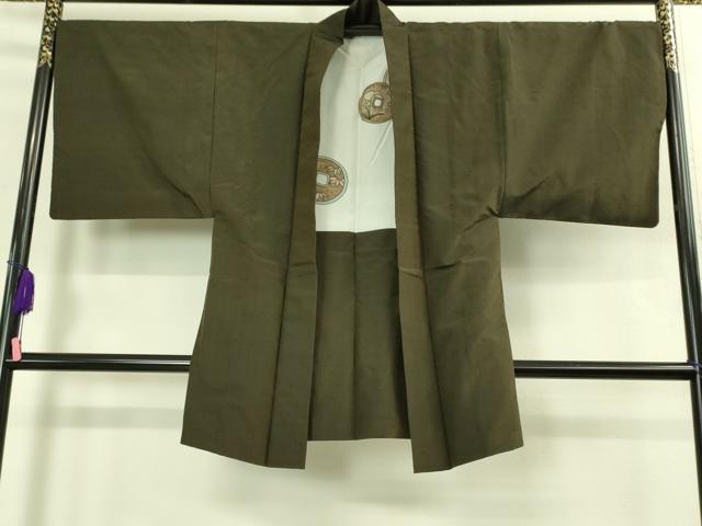 平和屋着物●極上 男性 玉龍紬 アンサンブル 長羽織・長襦袢(無双仕立て)セット 濃い媚茶色 証紙・反端付き 逸品 DZAB3418kh6