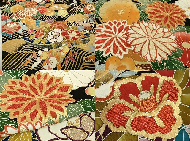 平和屋本店●極上 創業460年・千總 振袖・長襦袢(袷・半衿刺繍) 駒刺繍 立波吉祥花舟文 黒地 逸品 DZAB3420kh6