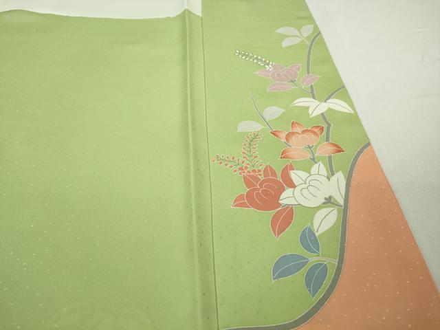 平和屋本店●極上 創業460年・千總 訪問着 駒刺繍 橘 地紙花文 若芽色地 金彩 ?島屋扱い ロング丈 逸品 DZAB3422kh6