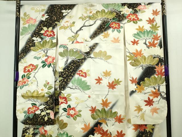 平和屋本店●極上 創業460年・千總 振袖 駒刺繍 松 楓 椿 暈し染め 金彩 反端付き 逸品 DZAB3423kh6