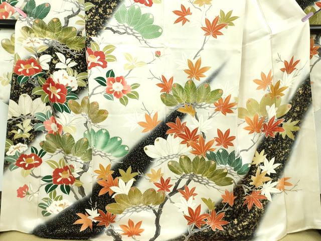 平和屋本店●極上 創業460年・千總 振袖 駒刺繍 松 楓 椿 暈し染め 金彩 反端付き 逸品 DZAB3423kh6